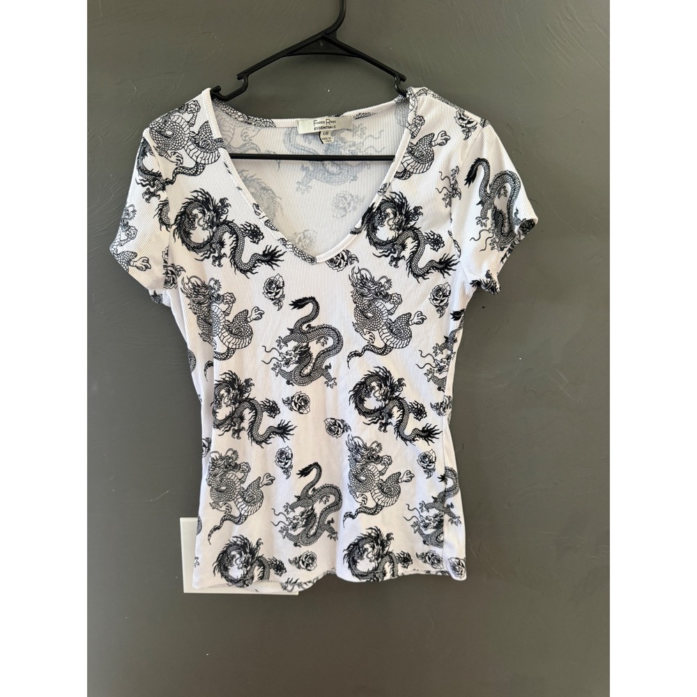 Faded Rose Essentials Womens White Black Dragon Rose Ribbed V-Neck Top Large Y2k